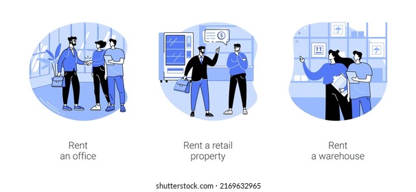 Renting Commercial Property Isolated Cartoon Vector Illustrations Set. Diverse Business Partners Rent An Office, Retail Place For Sale, Broker Showing A Warehouse Space To Customer Vector Cartoon.