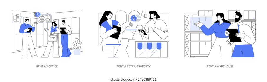 Renting commercial property isolated cartoon vector illustrations set. Diverse business partners rent an office, retail place for sale, broker showing a warehouse space to customer vector cartoon.