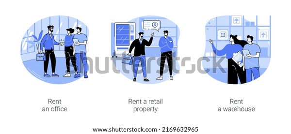 Renting commercial property isolated cartoon
vector illustrations set. Diverse business partners rent an office,
retail place for sale, broker showing a warehouse space to customer
vector cartoon.