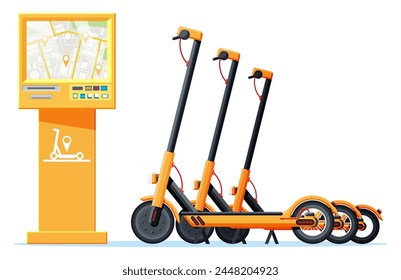 Renting Electric Scooter Concept. Electric Terminal and Kick Scooter. Rent of Scooters Service, Rental Sharing App. Modern Urban Transportation. Cartoon Flat Vector Illustration