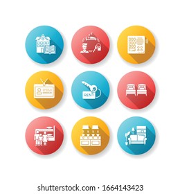 Renting flat design long shadow glyph icons set. Family dormitory. Communal kitchen. Identity card. Living room. Intercom. Shared space. Rental service. Silhouette RGB color illustration