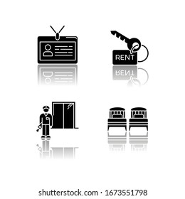 Renting hotel room drop shadow black glyph icons set. Living accommodation. Single beds. Security guard. Apartment key. Rental service. Identity badge. Isolated vector illustrations on white space