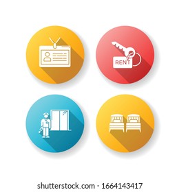 Renting hotel room flat design long shadow glyph icons set. Living accommodation. Single beds. Security guard, elevator operator. Apartment key. Identity badge. Silhouette RGB color illustration