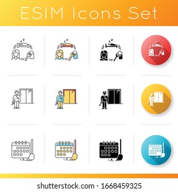 Renting hotel room icons set. Security guard, warden. Living accommodations. Cleaning schedule. Cleanliness control. Linear, black and RGB color styles. Isolated vector illustrations