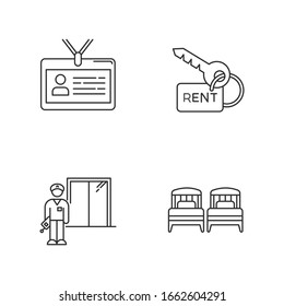 Renting hotel room pixel perfect linear icons set. Single beds. Apartment key. Rental service. Customizable thin line contour symbols. Isolated vector outline illustrations. Editable stroke