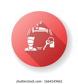 Renting hotel room for short term red flat design long shadow glyph icon. Booking sleeping accommodation. Housing facility. Travelling facilities. Rental service. Silhouette RGB color illustration