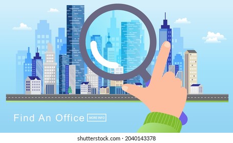 Renting house, office or apartment concept. Landing page template with downtown area or district with office buildings. finding place for business. commercial property rental service. vector