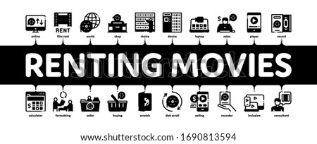 Renting Movies Service Minimal Infographic Web Banner Vector. Renting Movies Store, Internet Online Watching And Download, Compact Disk And Reel Illustrations