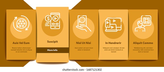 Renting Movies Service Onboarding Mobile App Page Screen Vector. Renting Movies Store, Internet Online Watching And Download, Compact Disk And Reel Color Contour Illustrations