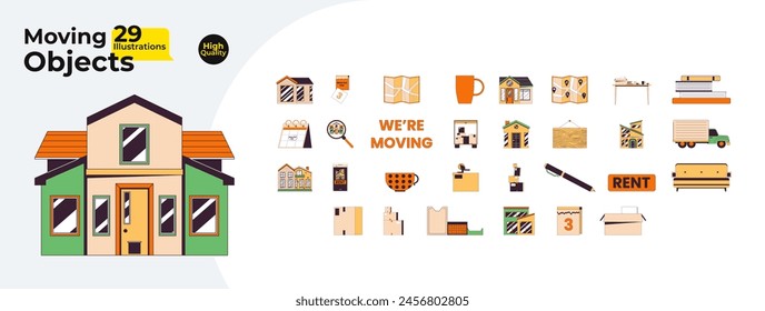 Renting moving in 2D linear cartoon objects bundle. Calendar tear off, house hunting, boxes isolated line vector items white background. Unpacking new home color flat spot illustration collection
