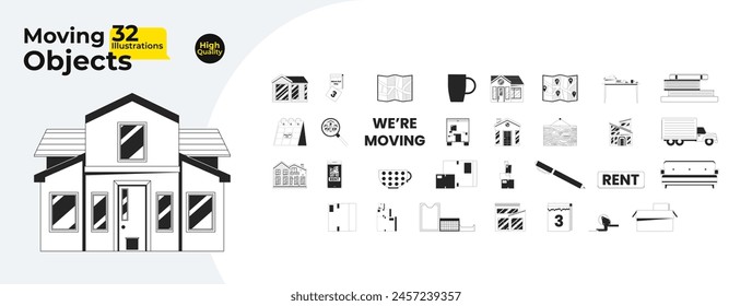 Renting moving in black and white 2D line cartoon objects bundle. Calendar tear off, rental boxes isolated vector outline items collection. Unpacking new home monochromatic flat spot illustrations