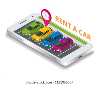 Renting a new or used car. car rental booking reservation on mobile smartphone. Used cars app. Vector illustration background.