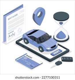 Renting a new or used car. car rental booking reservation on mobile smartphone. Used cars app. Vector illustration background. Rental agreement for a car with contract.