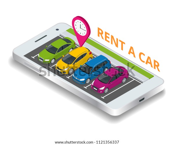Renting a new or used car. car rental booking\
reservation on mobile smartphone. Used cars app. Vector\
illustration\
background.