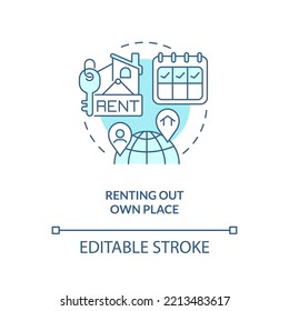 Renting Out Own Place Turquoise Concept Icon. Offset Travel Costs. Find Tenants Abstract Idea Thin Line Illustration. Isolated Outline Drawing. Editable Stroke. Arial, Myriad Pro-Bold Fonts Used