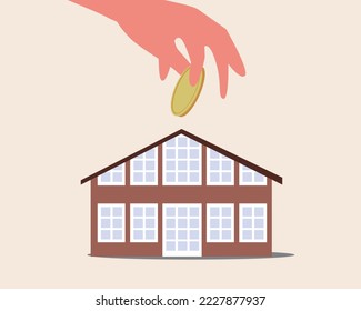 Renting property or paying utility bills, flat vector stock illustration with country house, hand and coin is isolated for design