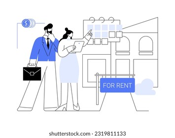 Renting a retail property abstract concept vector illustration. Businessman talking with realtor about property rental, real estate business, brokerage company services abstract metaphor.