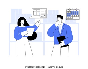 Renting a warehouse abstract concept vector illustration. Businessman discusses warehouse rent with realtor, real estate business, brokerage company services, industrial place abstract metaphor.