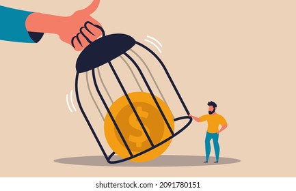 Reopen a business after a lockdown. Man opens and restarts the economy opened cage vector illustration. People have returned to normal life and the quarantine is over. People and financial condition