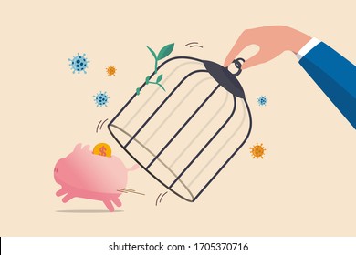 Reopen Economy After Coronavirus Lockdown, Restart Business In Normal Operation After Peak Of Coronavirus COVID-19 Outbreak Concept, Government Hand Unlock The Cage Free Piggy Bank With Dollar Money.