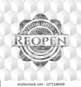 Reopen grey emblem with geometric cube white background