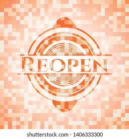 Reopen orange tile background illustration. Square geometric mosaic seamless pattern with emblem inside.