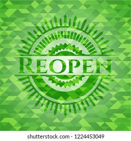Reopen realistic green emblem. Mosaic background