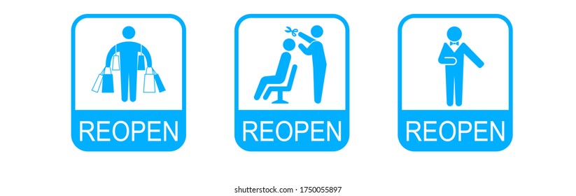 Reopen sign,after Covid-19 period, sign on the front door, We're open after quarantine due to COVID-19 (coronavirus), illustration of small business owner, new normal lifestyle and behavior.pictogram