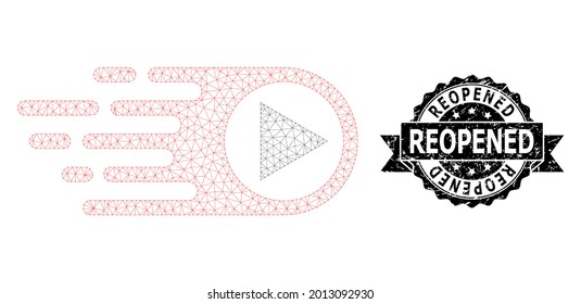 Reopened textured seal imitation and vector rush right mesh model. Black stamp seal contains Reopened title inside ribbon and rosette. Abstract flat mesh rush right, designed with flat mesh.