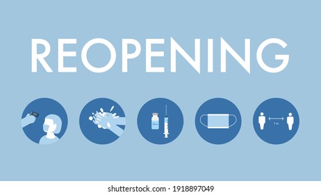 Reopening after covid-19 vaccine and new normal concept Syringe and vaccine bottle, washing hands, wearing face mask, temperature measurement and social distancing.