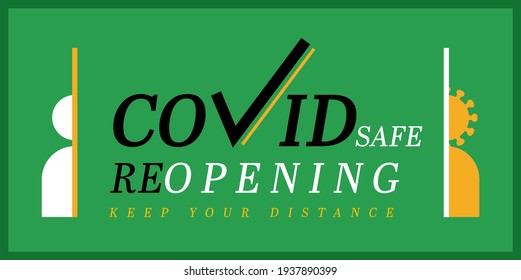 Reopening badge, Keep your distance green label sign for post covid-19 coronavirus pandemic, Vector illustration for door sign or coronavirus content