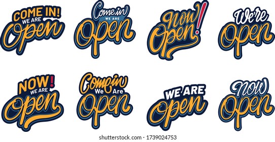 Re-Opening banner, sticker, badge or label set. Abstract typographic design element. vector illustration.