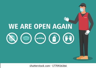 Reopening for business adapt to new normal. business owners wearing medical masks.We Are Open again text with icon . Service, Store, Supermarket restaurant, shop and cafe reopen.