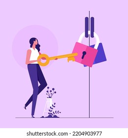 Reopening for business adapt to new normal in the novel Coronavirus COVID-19 pandemic, businesswoman holding golden key to unlock the pad