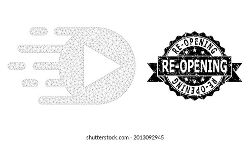 Re-Opening corroded stamp seal and vector play function mesh model. Black seal contains Re-Opening caption inside ribbon and rosette. Abstract flat mesh play function, created from flat mesh.