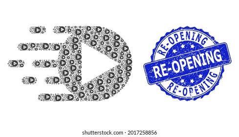 Reabriendo la función de juego de colaje de reborde redondo sucio y de recursión vectorial. El sello azul incluye el texto de reapertura dentro de la forma de círculo. El collage vectorial está formado por elementos de función de reproducción aleatoria.