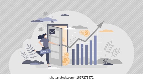 Reopening economy for financial growth after Covid-19 crisis tiny person concept. Pandemic restrictions canceling after successful disease control vector illustration. Retail company open doors again