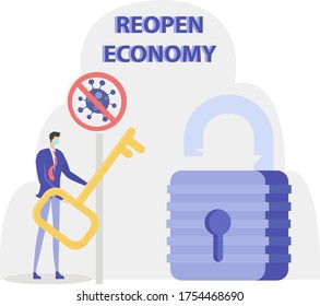 Reopening Economy vector concept: businessman unlocking a big padlock besides virus prohibition sign