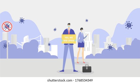 Reopening Economy vector concept: businessman holding a sign written "Yes, We Are Open" at the infected city with his partner