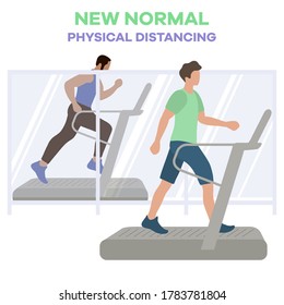 Reopening Of Fitness Center, Sports Clubs After Coronavirus Quarantine. People Doing Fitness On Treadmills Keep Social Distance COVID Free New Normal Stay Apart Physical Distancing. Vector Illustration 