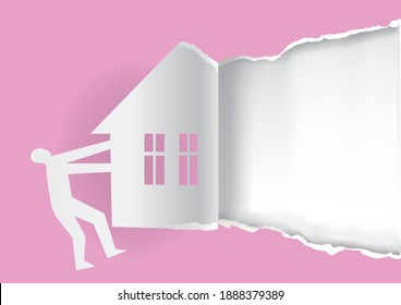 Reopening of house, real estate background template.
Man ripped pink paper with house silhouette. Concept for reopening of building or store. Vector available.