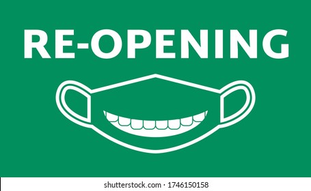 Reopening invitation card with green smile mack. Open sign on front door. Come in we are Open Welcome back. Keep social distance and use face mask. Vector reopening signboard. Quarantine reopen notice