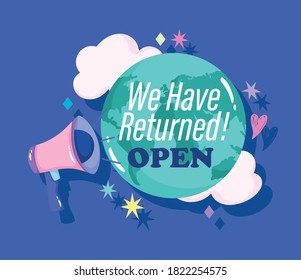 reopening, megaphone amplifying the message planet vector illustration