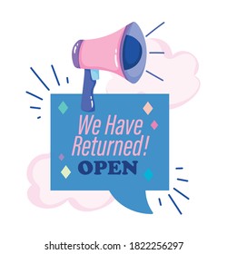 reopening, megaphone shouting speech bubble inscription, clouds cartoon design vector illustration