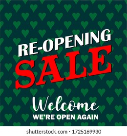 Re-opening sale, welcome we're open again text vector vintage for reopening time after the global shutdawn for coronavirus (Covid19} pandemic