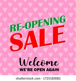 Re-opening sale, welcome we're open again text vector vintage for reopening time after the global shutdawn for coronavirus (Covid19} pandemic