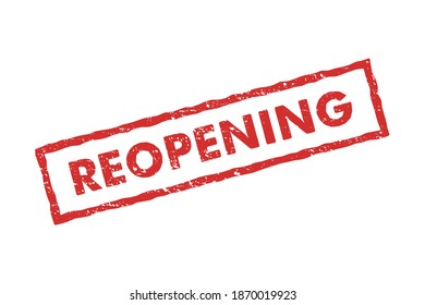 Reopening sign or stamp isolated on white background. Vector illustration. Square red rubber stamp with word reopening. Text seal.