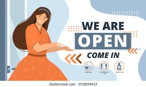 Reopening Of Small Businesses After Quarantine COVID-19 Coronavirus Lockdown.We Are Open Again.Happy Woman.Welcome Back.Vector Template For Door Sign,poster,banner,web To Salon,store,cafe,restaurant.