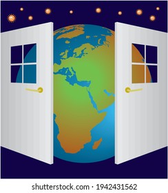 Reopening of society. The Corona vector stars in background indicates that the threat is not over. Vector illustration.
