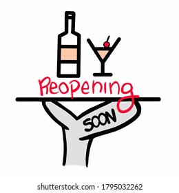 Reopening Soon Text Bar Sign, opening business after the coronavirus pandemic, handwritten phrase, elements isolated on white background, vector illustration